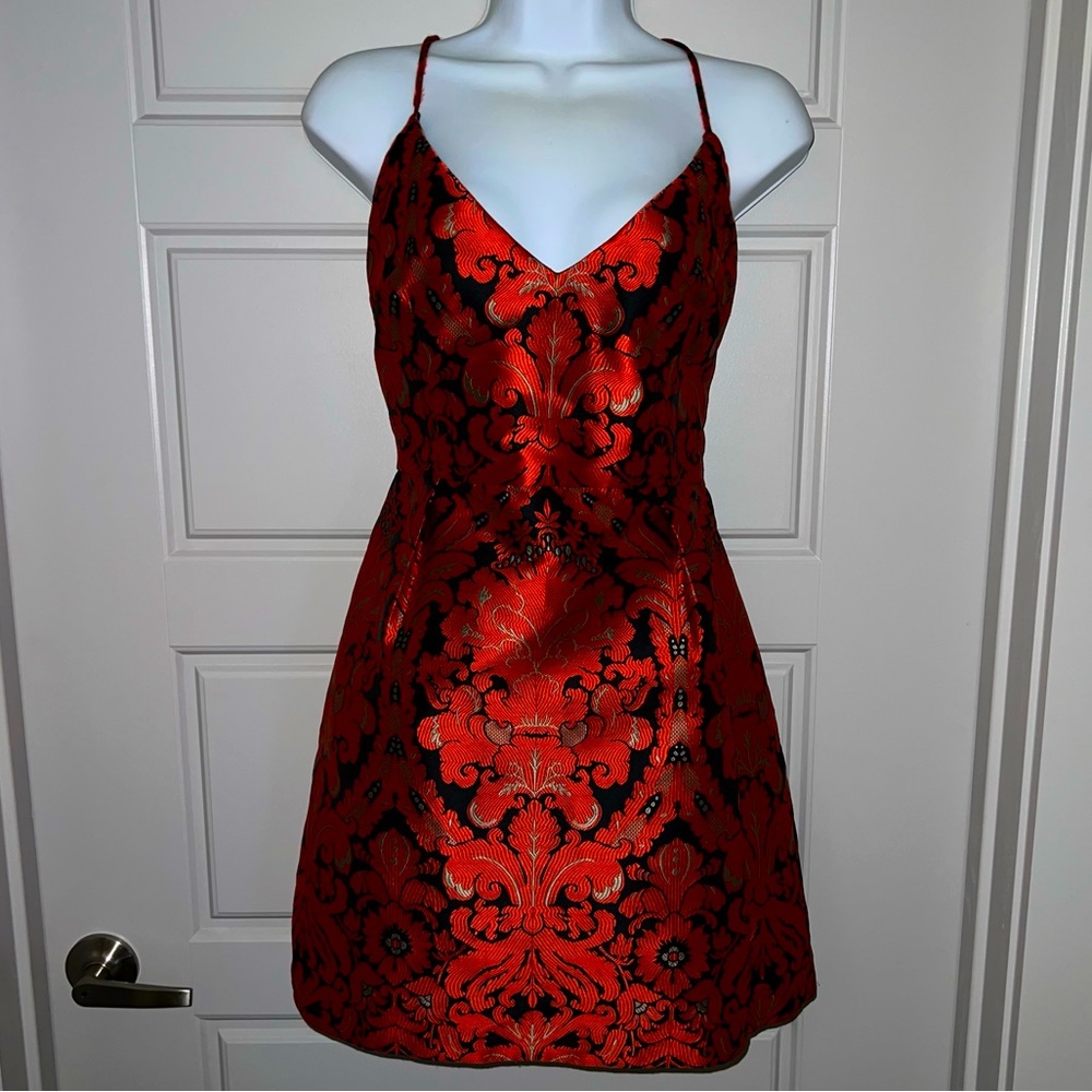Free People Floral Brocade Lined Red & Black Gold Dress! Perfect Holiday dress!